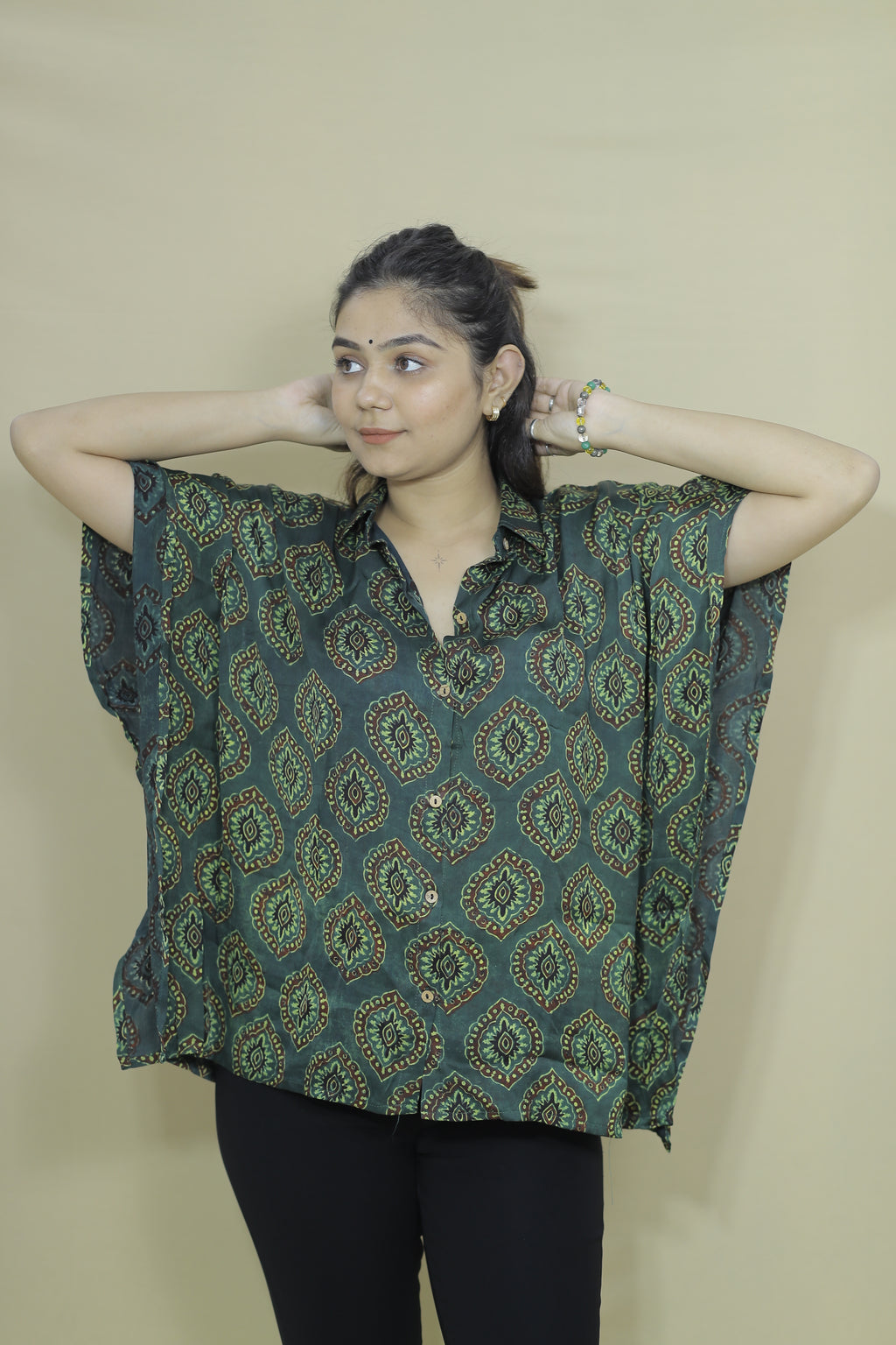 Women's Oversized Green Printed Kaftan Shirt