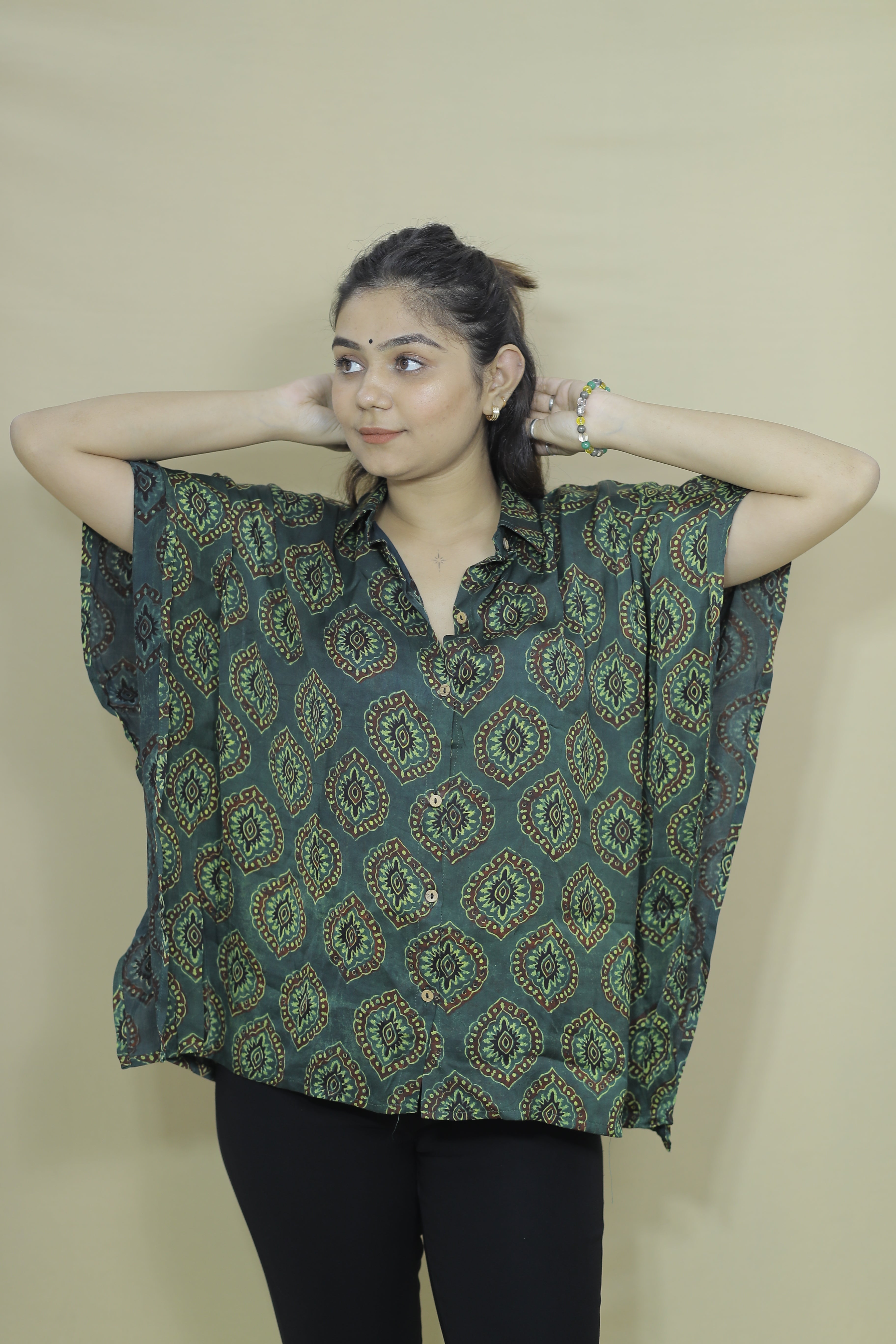 Women's Oversized Green Printed Kaftan Shirt