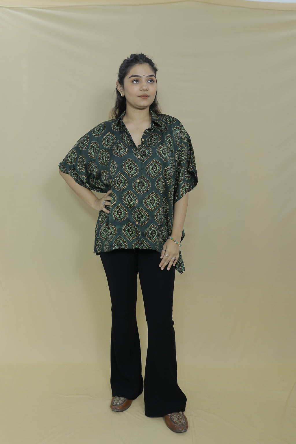 Women's Oversized Green Printed Kaftan Shirt
