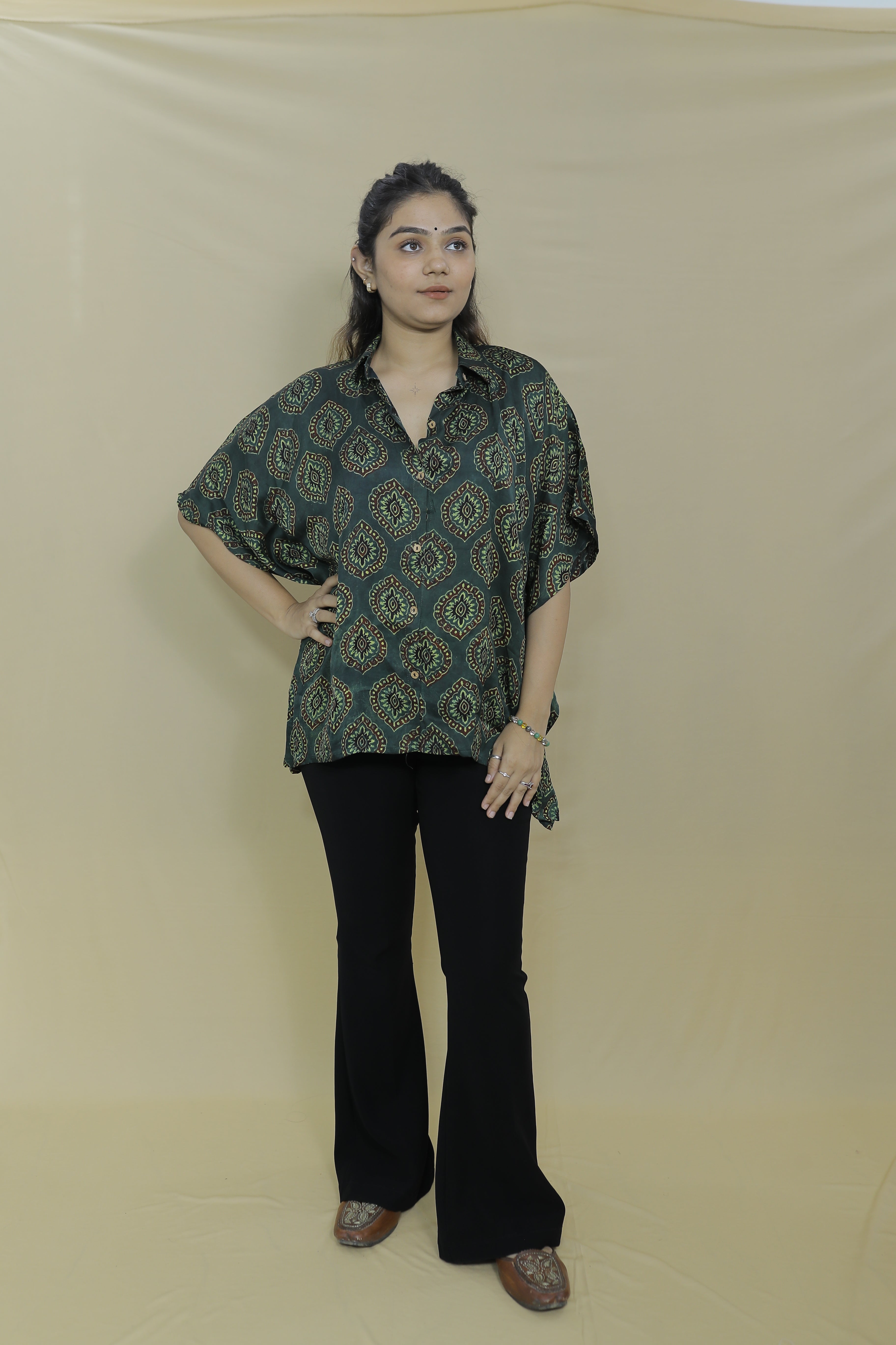 Women's Oversized Green Printed Kaftan Shirt
