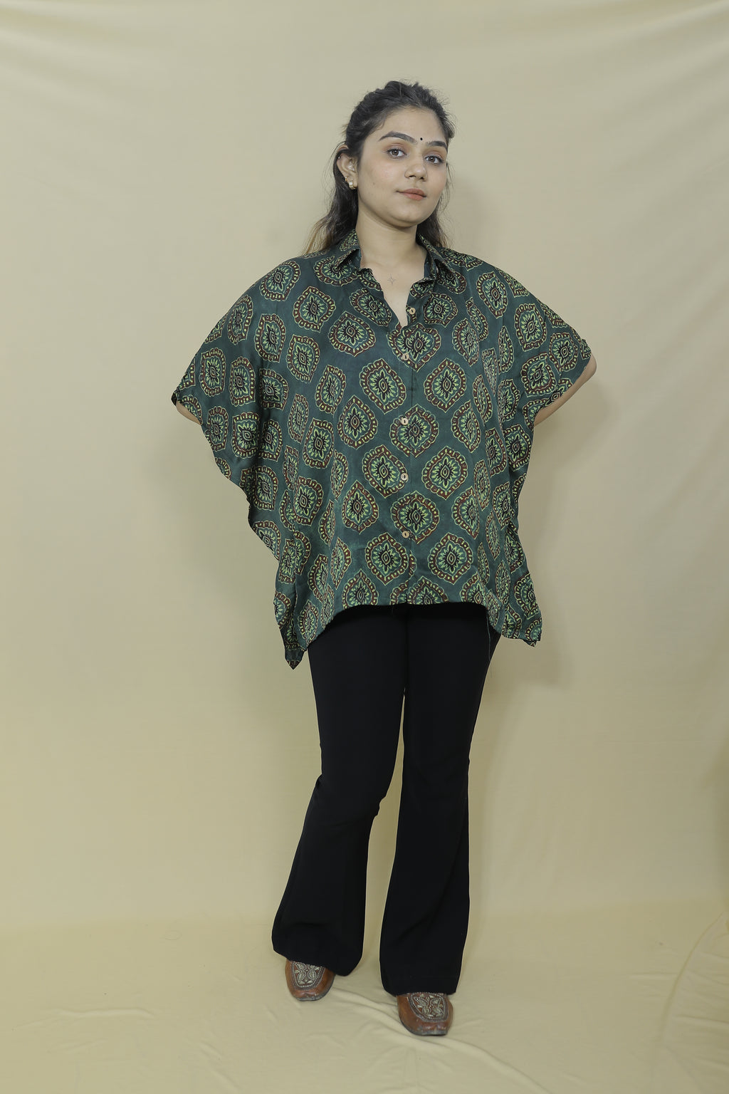 Women's Oversized Green Printed Kaftan Shirt