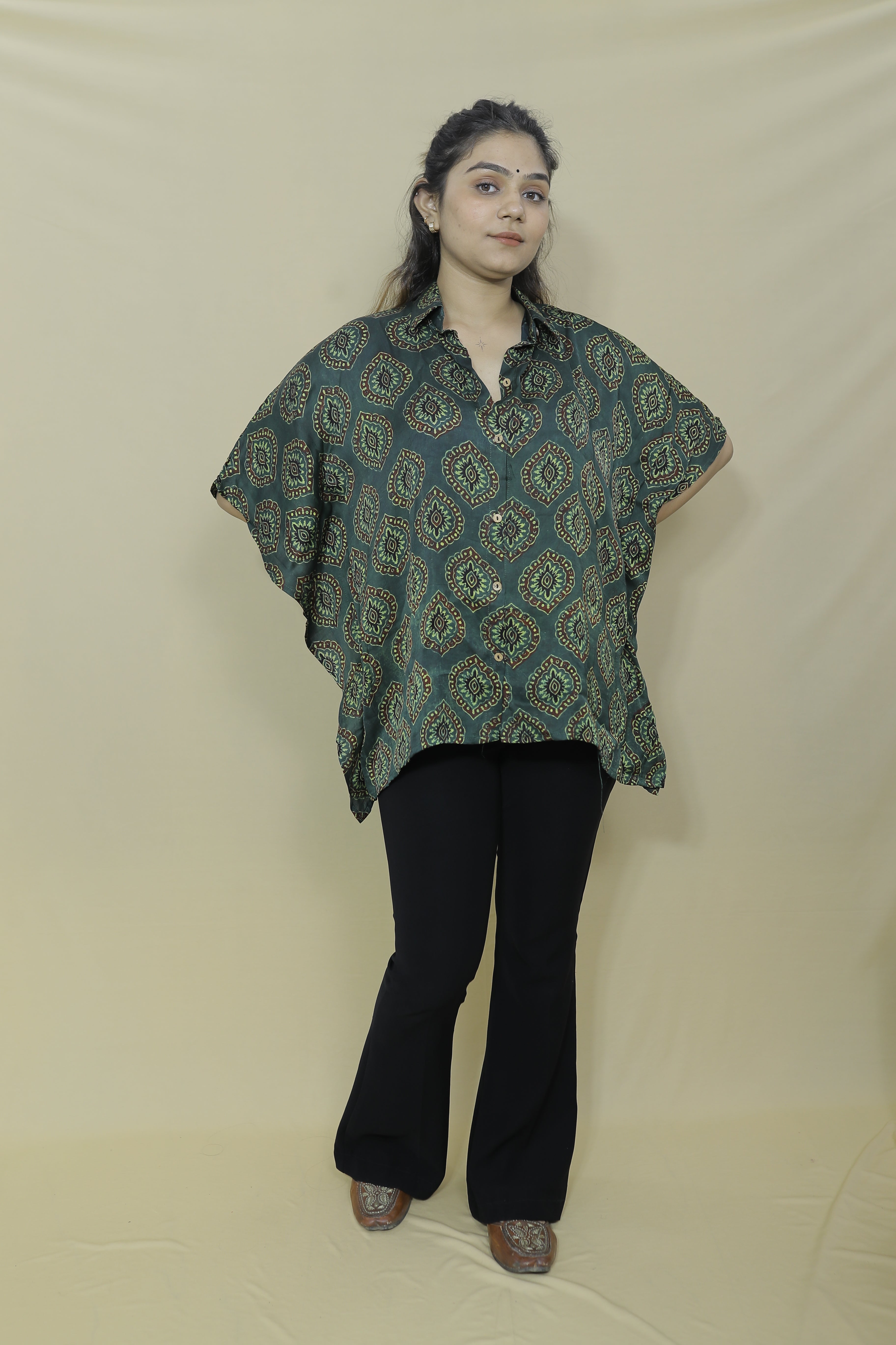 Women's Oversized Green Printed Kaftan Shirt