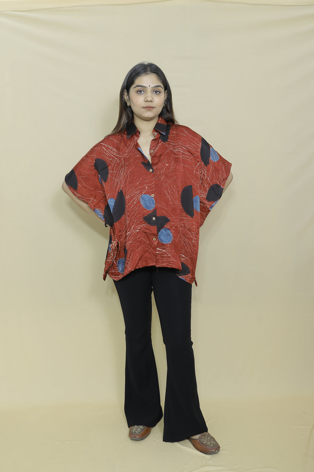 Women's Rust Brown Abstract Printed Oversized Kaftan Shirt