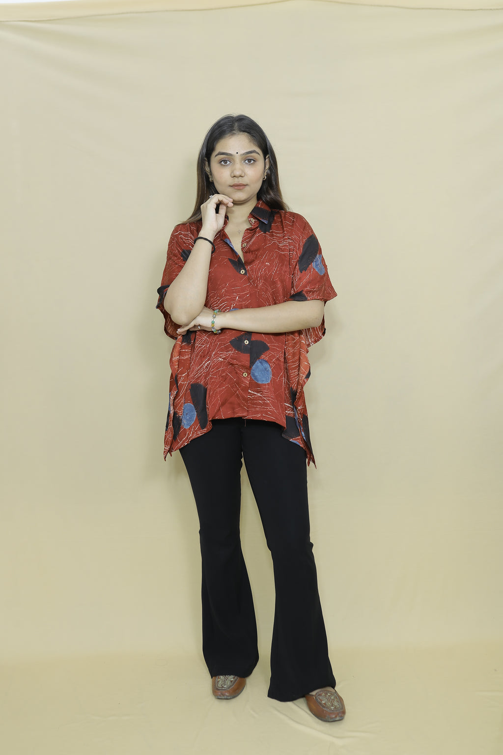 Women's Rust Brown Abstract Printed Oversized Kaftan Shirt