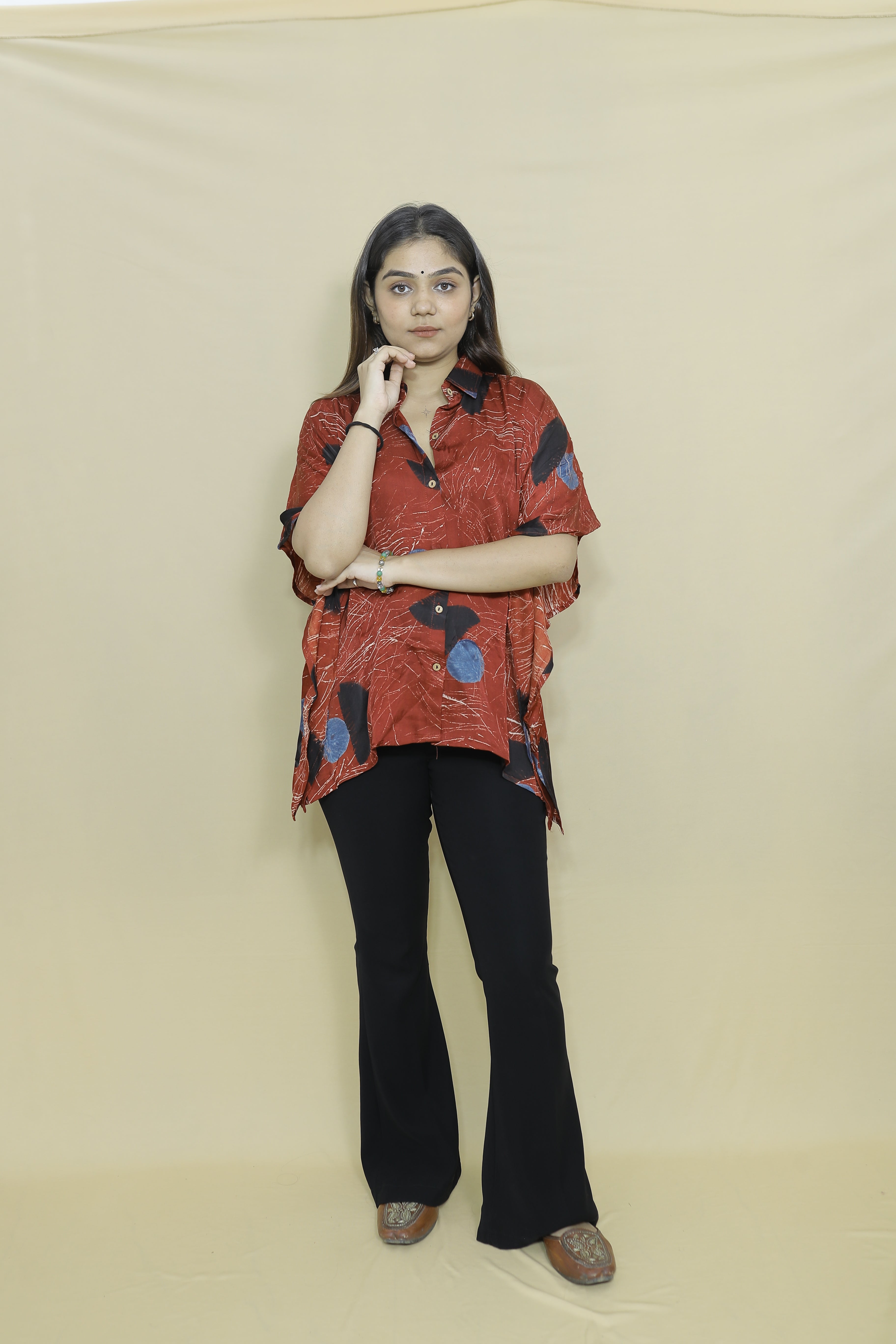 Women's Rust Brown Abstract Printed Oversized Kaftan Shirt