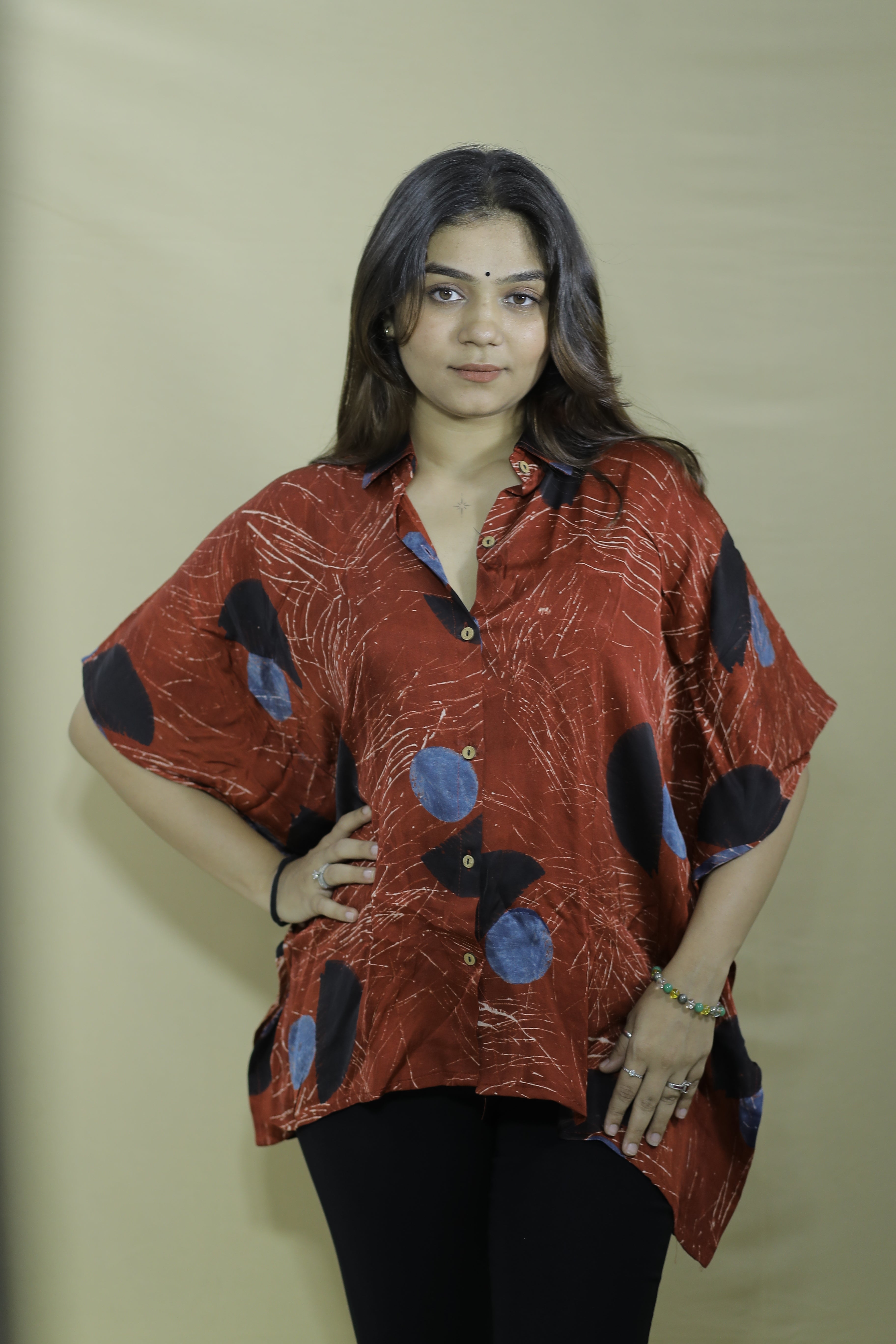 Women's Rust Brown Abstract Printed Oversized Kaftan Shirt