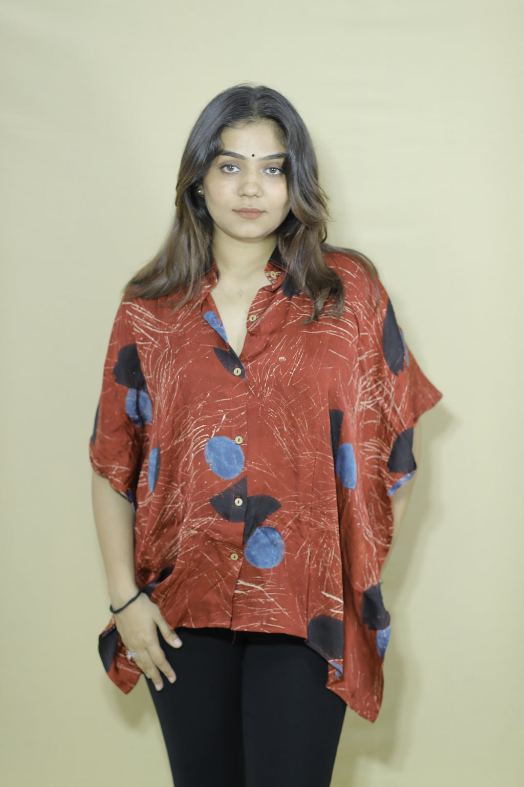 Women's Rust Brown Abstract Printed Oversized Kaftan Shirt