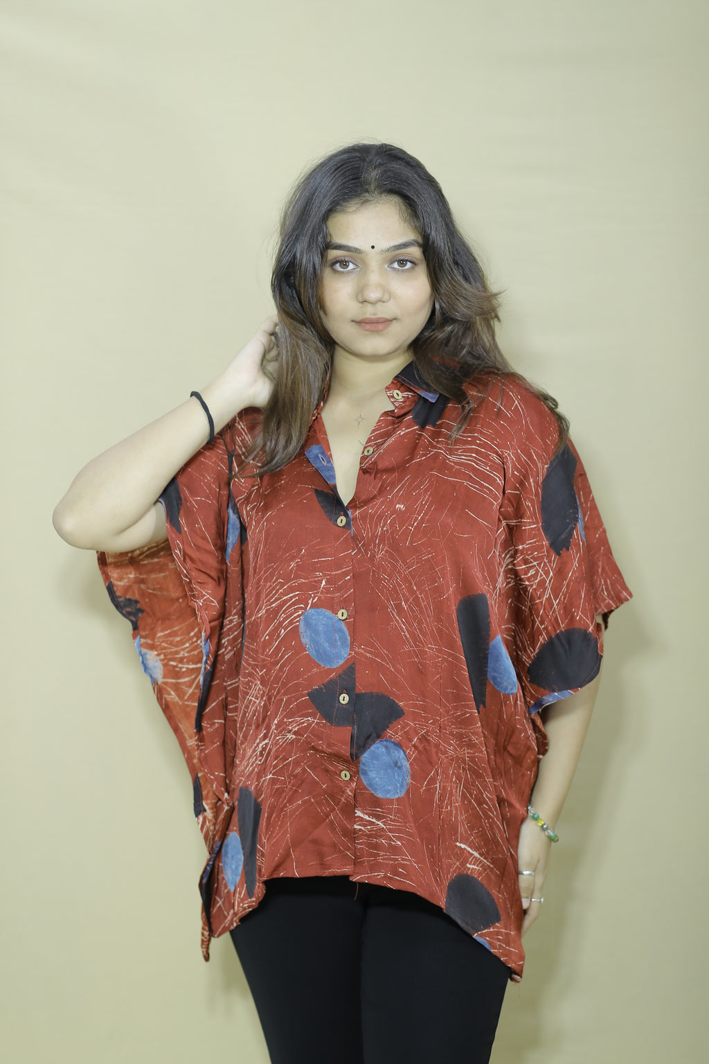 Women's Rust Brown Abstract Printed Oversized Kaftan Shirt