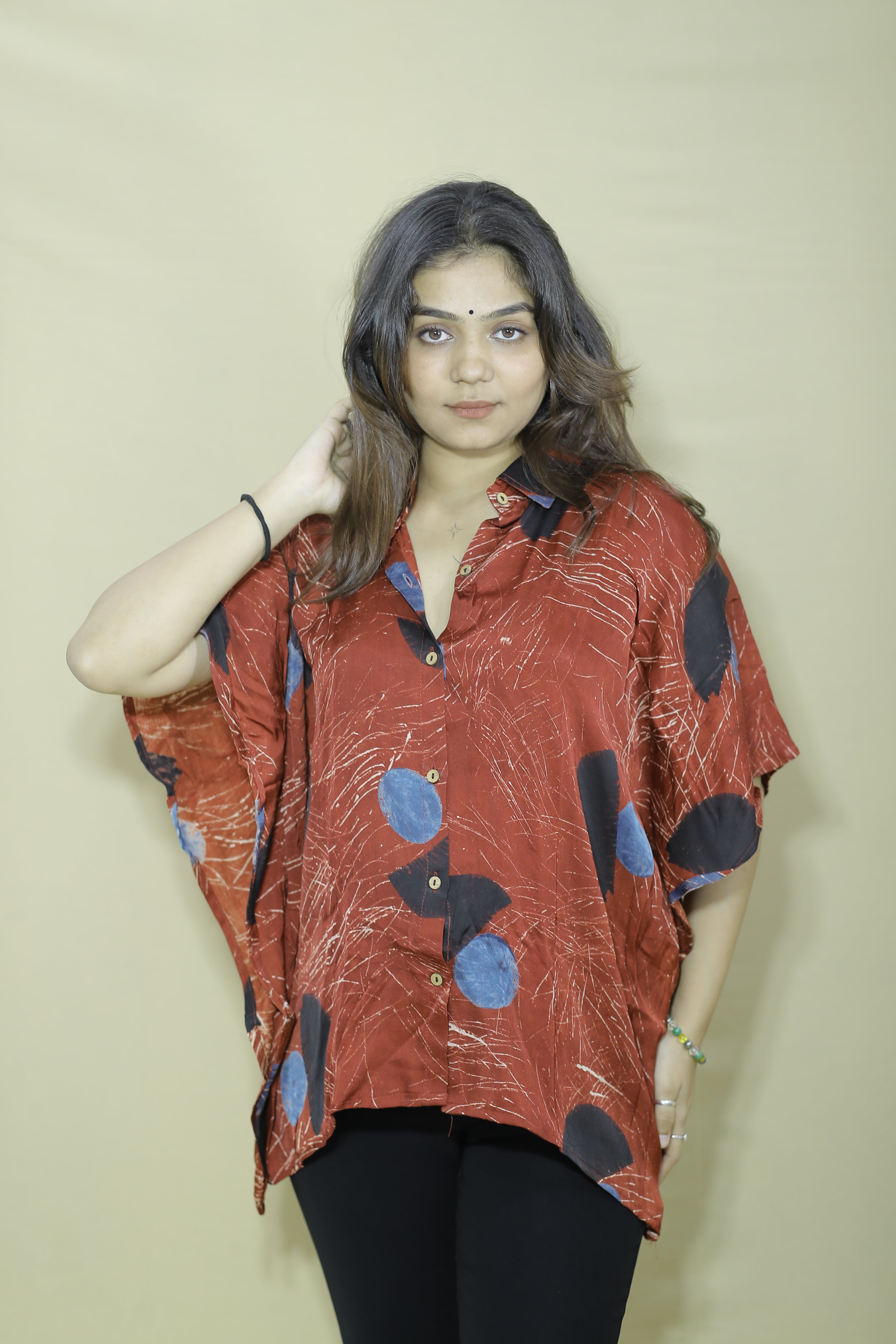 Women's Rust Brown Abstract Printed Oversized Kaftan Shirt