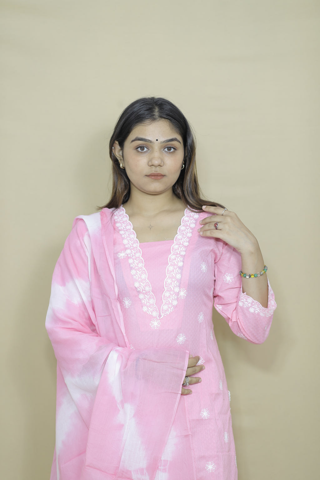 Baby Pink Embroidered Kurta Palazzo Set with Tie-Dye Dupatta