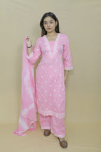 Baby Pink Embroidered Kurta Palazzo Set with Tie-Dye Dupatta