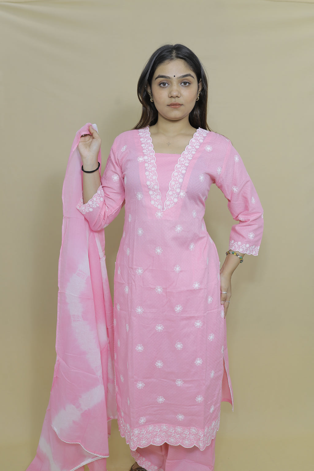Baby Pink Embroidered Kurta Palazzo Set with Tie-Dye Dupatta