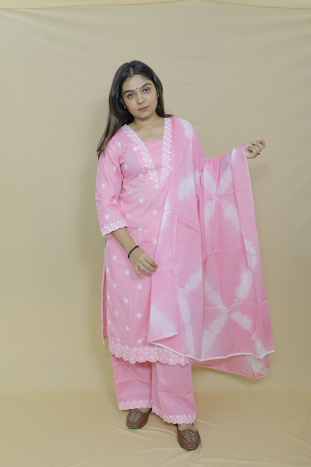 Baby Pink Embroidered Kurta Palazzo Set with Tie-Dye Dupatta