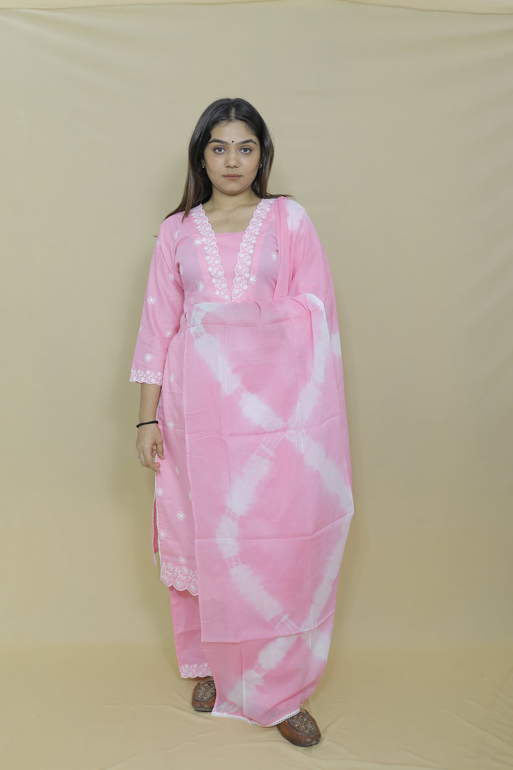 Baby Pink Embroidered Kurta Palazzo Set with Tie-Dye Dupatta